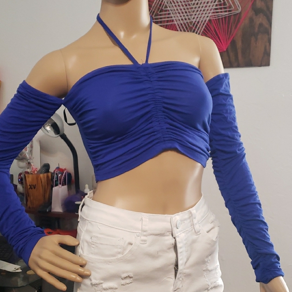 Blue Off-Shoulder Ruched Top - Picture 5 of 7